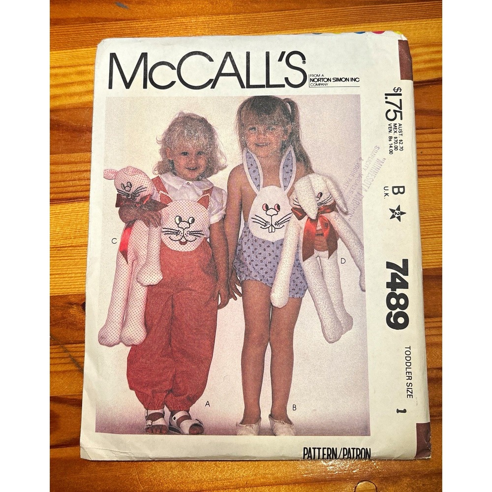 Vintage McCall's 7489 Toddler Romper Sewing Pattern w/ Toy Cat & Rabbit